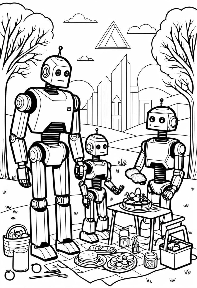 Robot Family Picnic — free printable coloring page to download and print