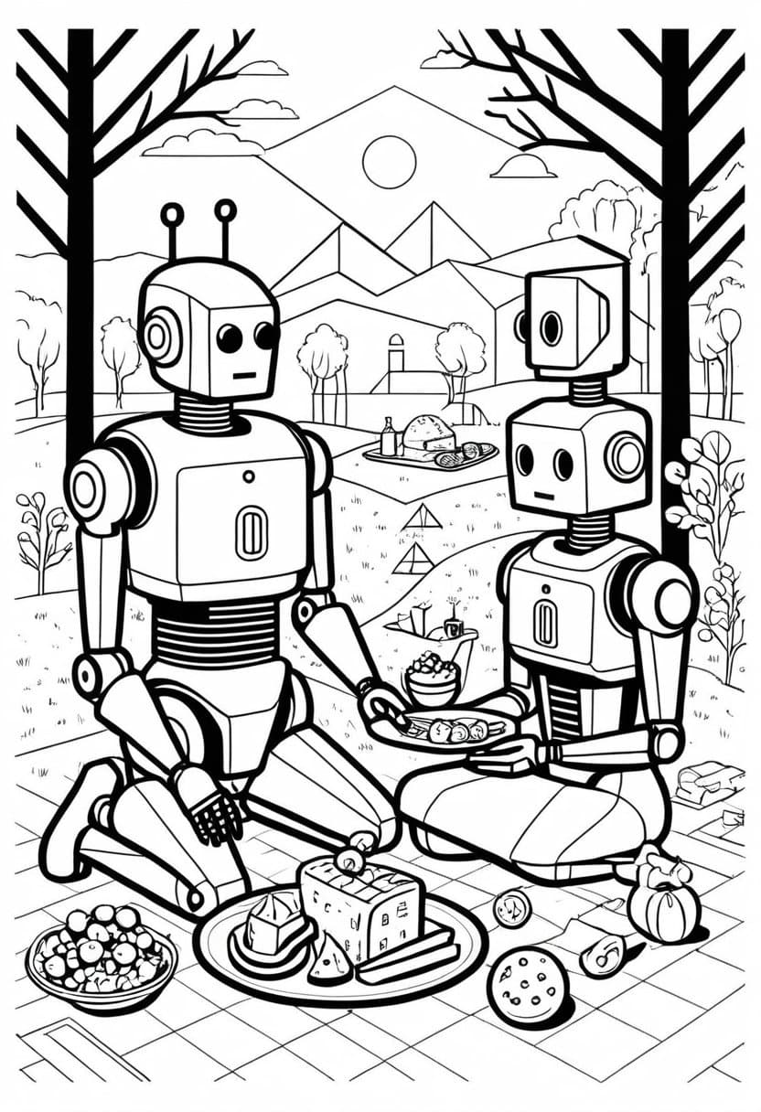 Robot Picnic — free printable coloring page to download and print