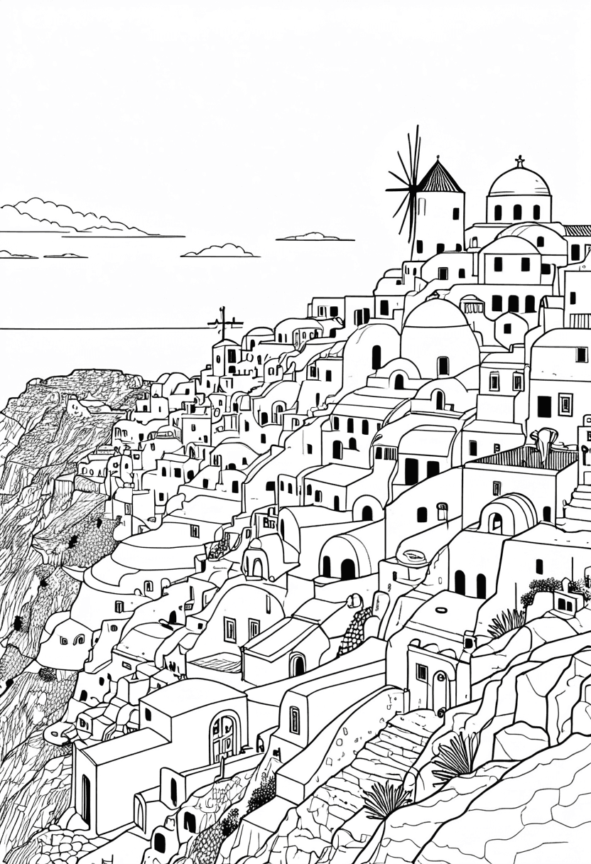 Santorinis Houses in Peril — free printable coloring page to download and print