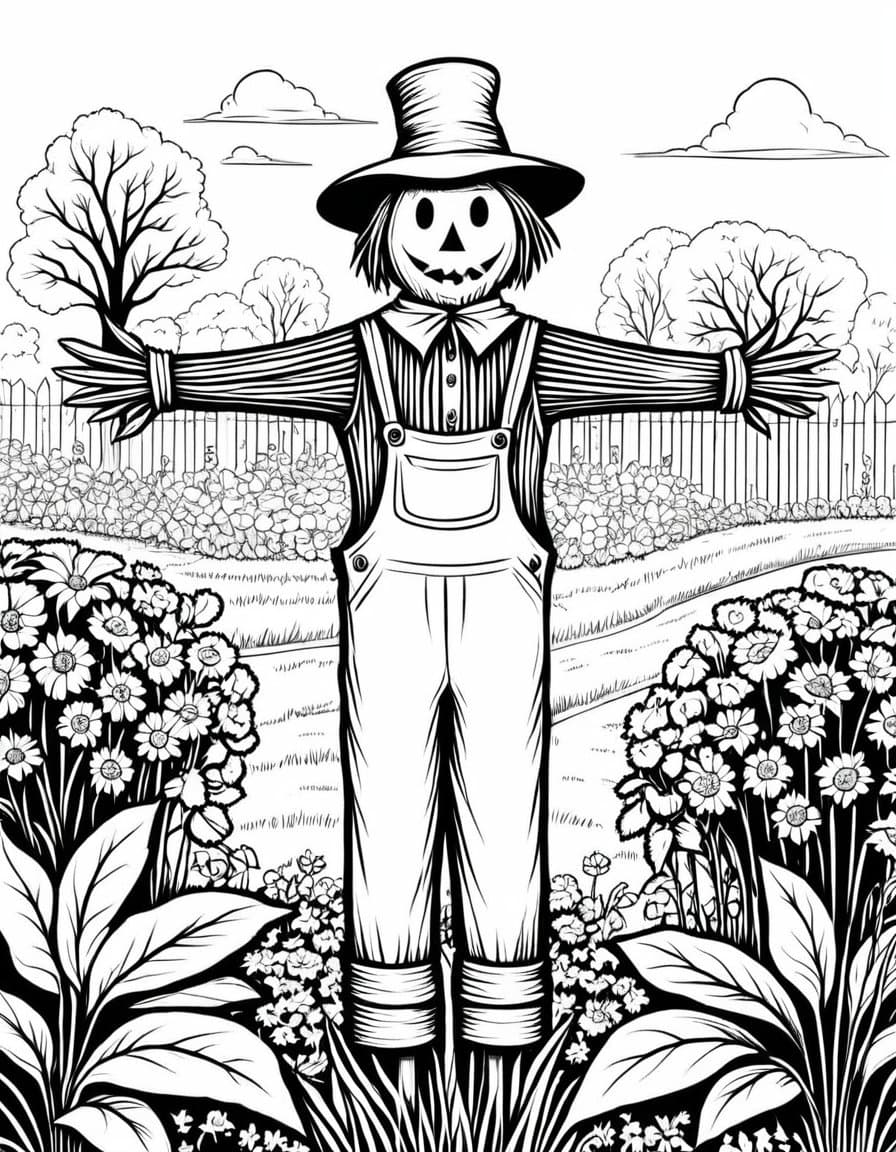 Scarecrow Garden — free printable coloring page to download and print