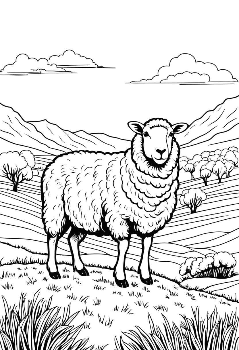 Sheep in Pasture — free printable coloring page to download and print