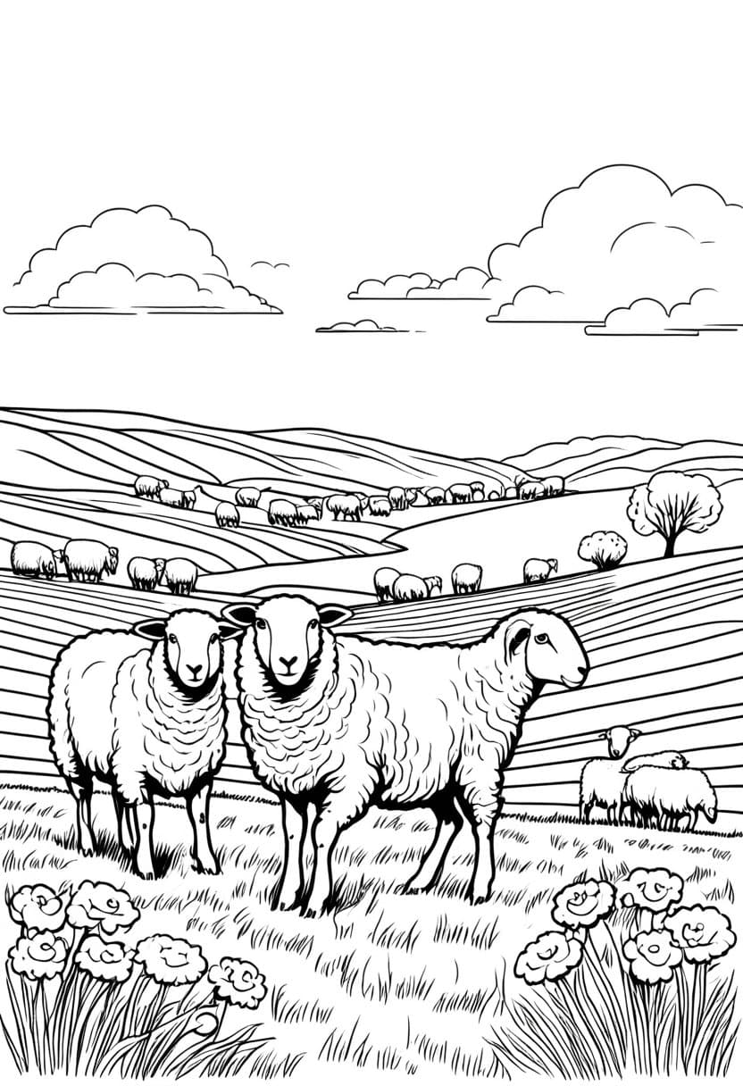 Sheep in the Pasture — free printable coloring page to download and print