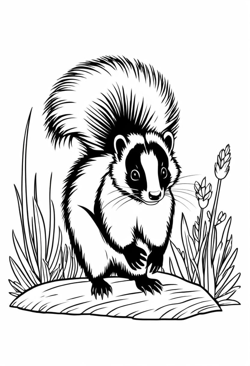 Skunk in Grassland — free printable coloring page to download and print