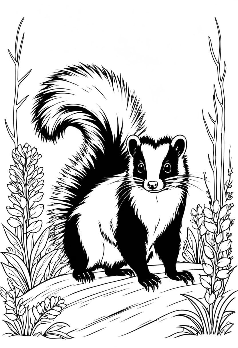Skunk in Nature — free printable coloring page to download and print