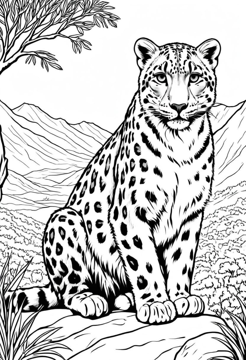 Snow Leopard in the Wild — free printable coloring page to download and print
