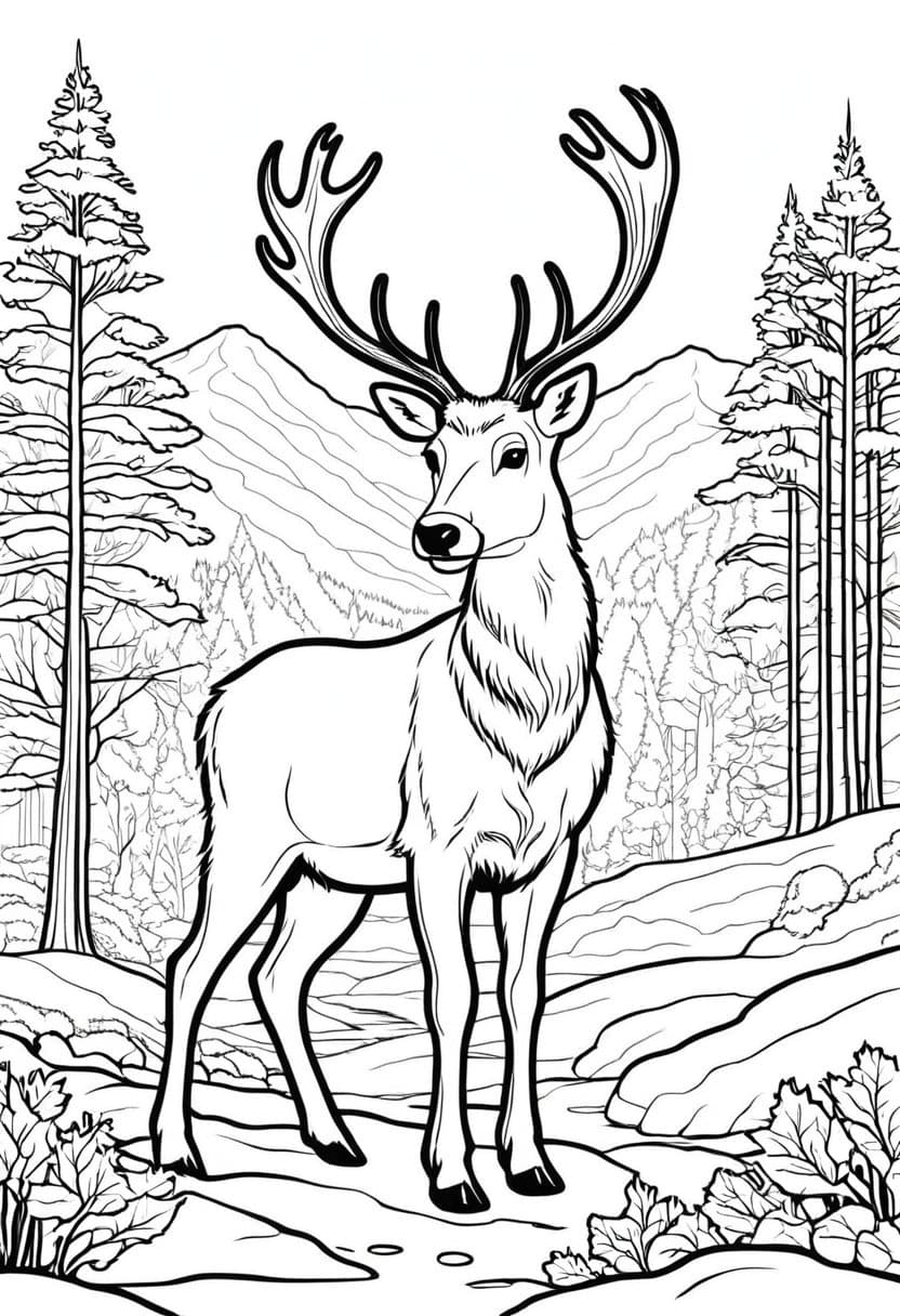 Snowy Deer Forest — free printable coloring page to download and print