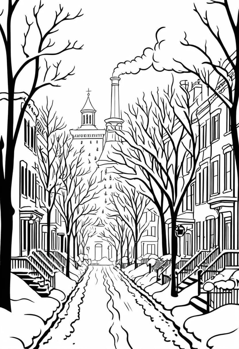 Snowy Morning Bliss — free printable coloring page to download and print
