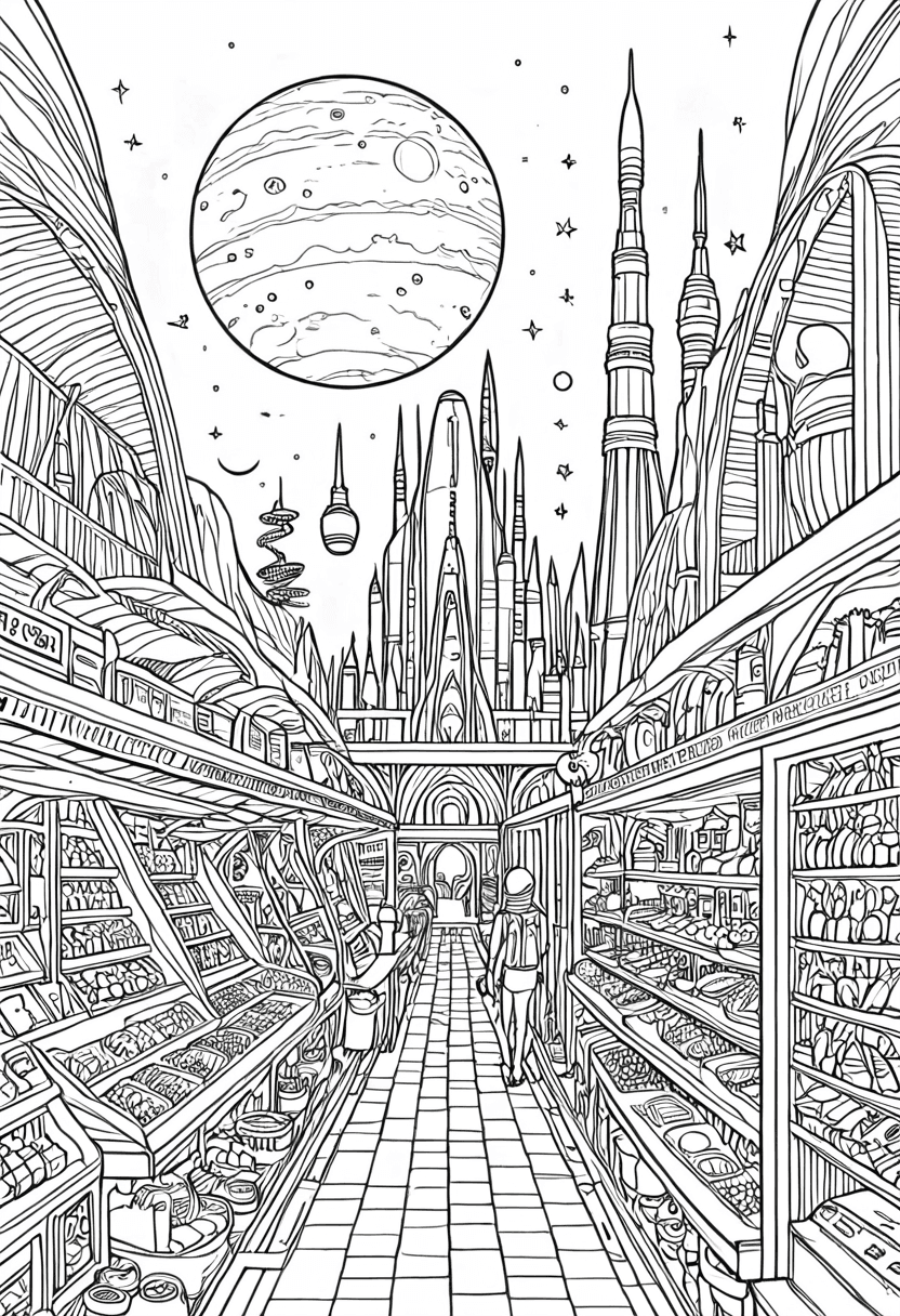 SpaceTime Market — free printable coloring page to download and print