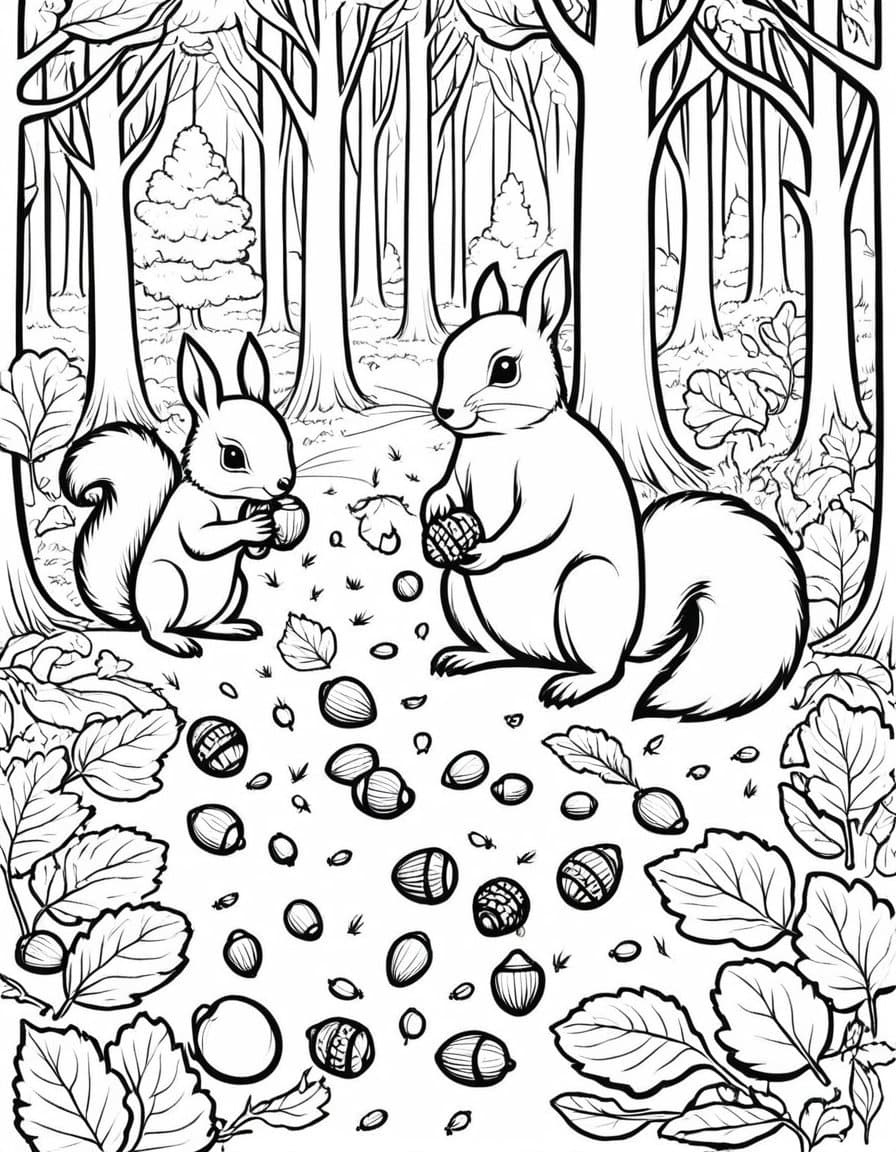 Squirrels Fall Harvest Feast — free printable coloring page to download and print
