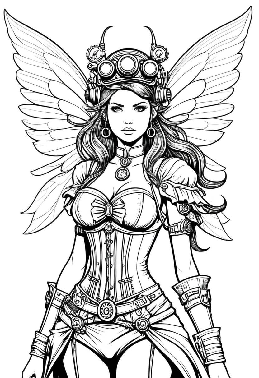 Steampunk Angel Warrior — free printable coloring page to download and print