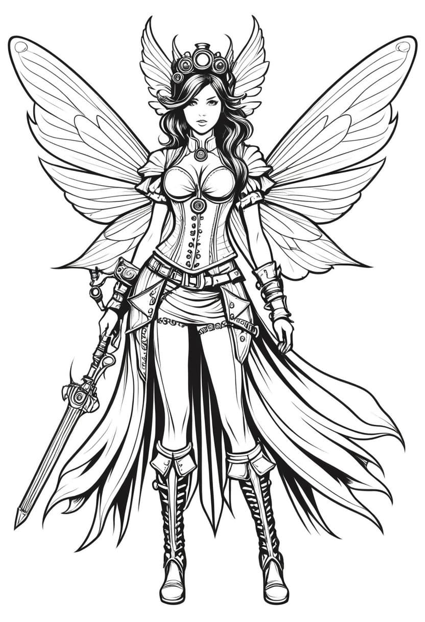 Steampunk Fairy Warrior — free printable coloring page to download and print