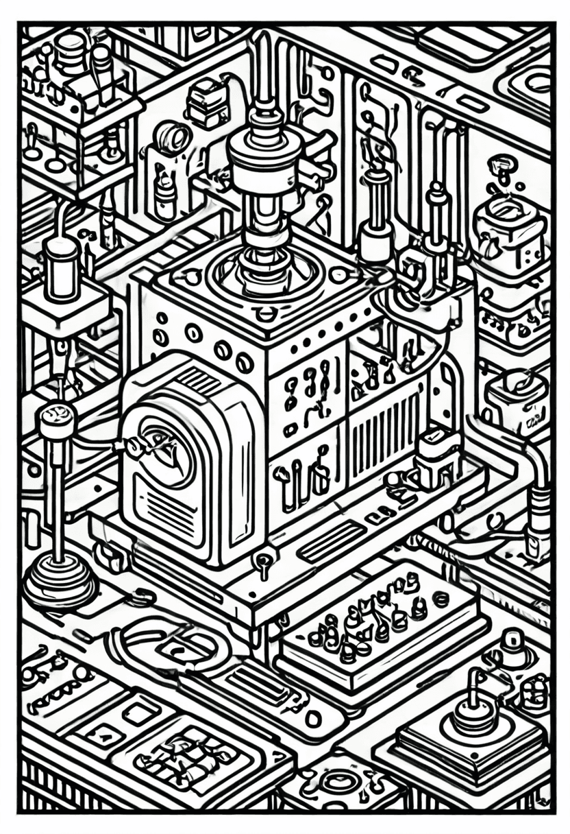 Steampunk Laboratory — free printable coloring page to download and print