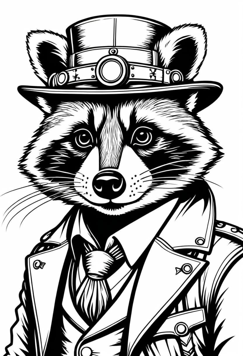 Steampunk Raccoon Ace — free printable coloring page to download and print