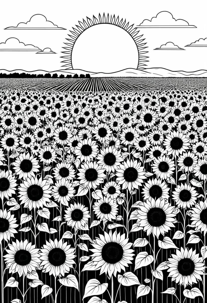 Sunflower Field Haven — free printable coloring page to download and print