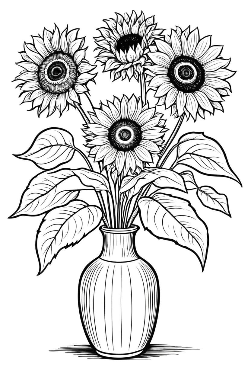 Sunflower Vase Art — free printable coloring page to download and print