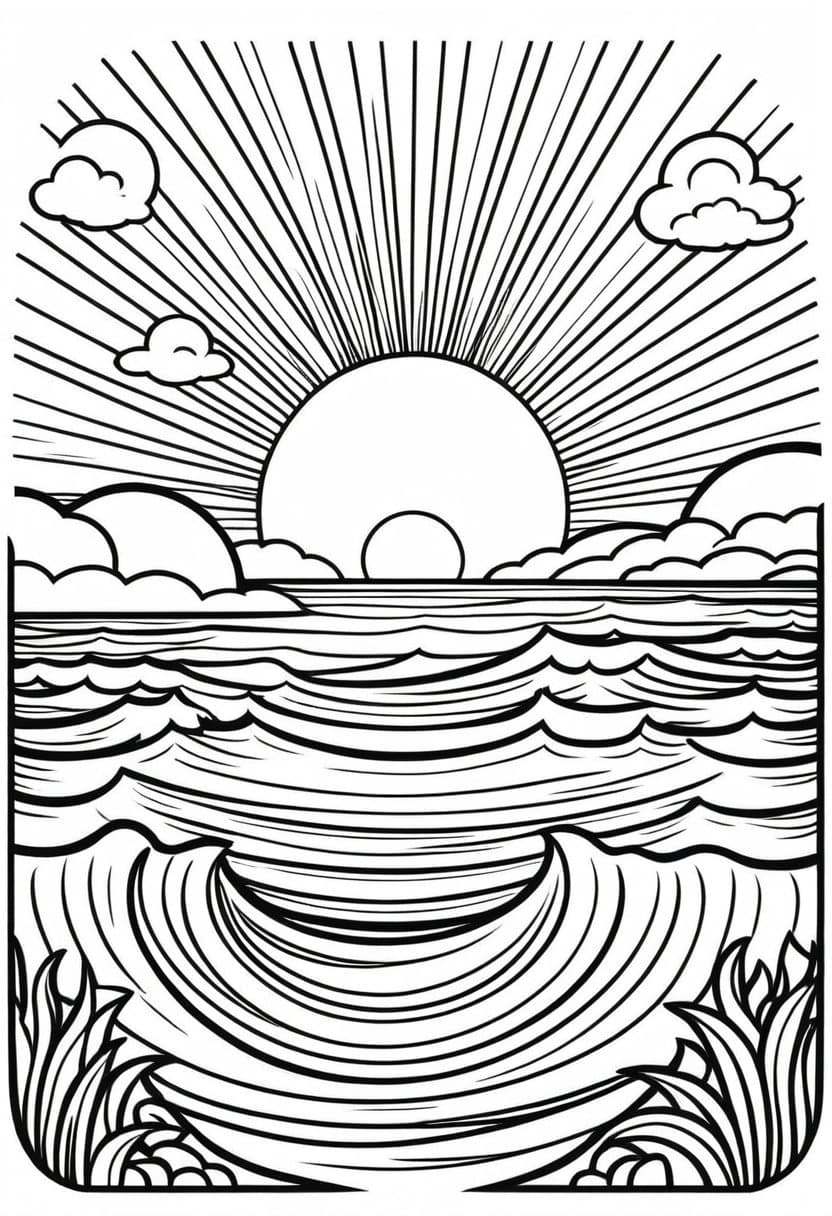 Sunrise Seascape — free printable coloring page to download and print