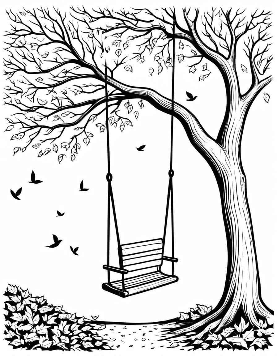 Swinging into Fall — free printable coloring page to download and print