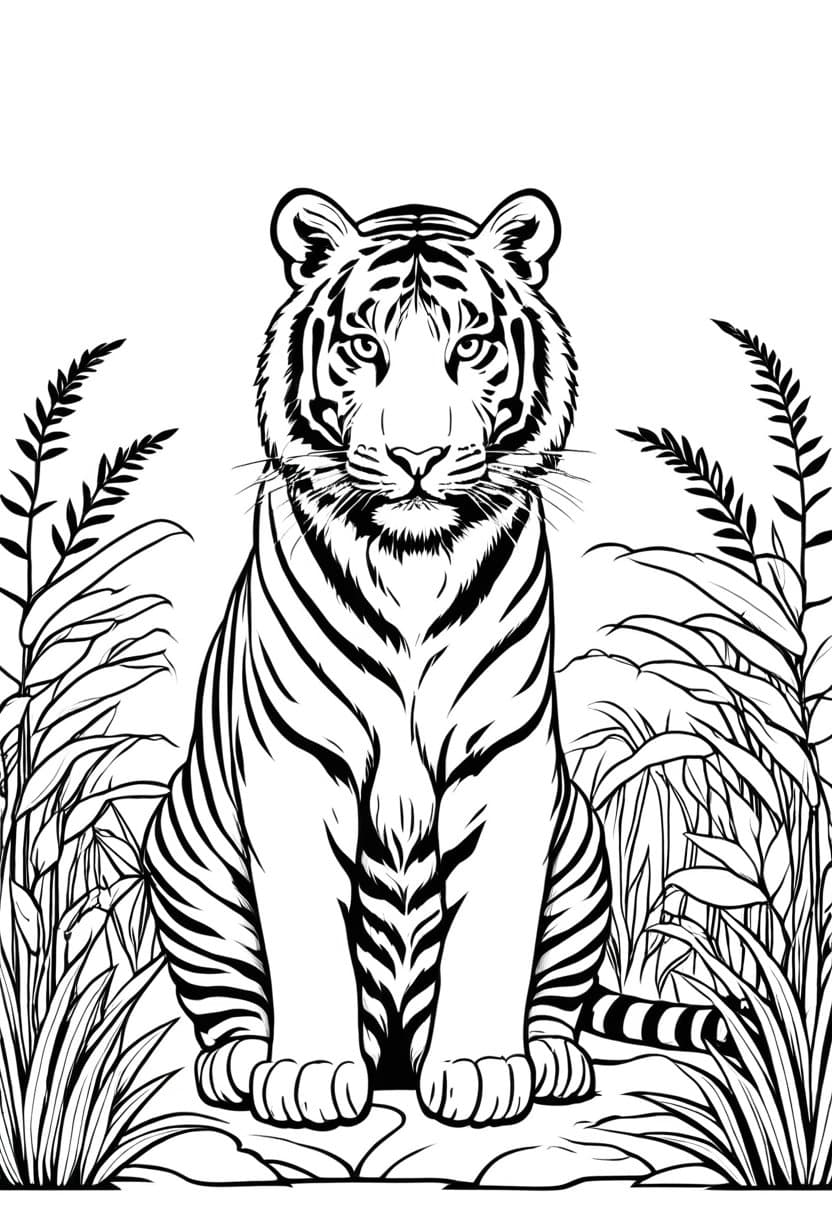 Tiger in Jungle — free printable coloring page to download and print