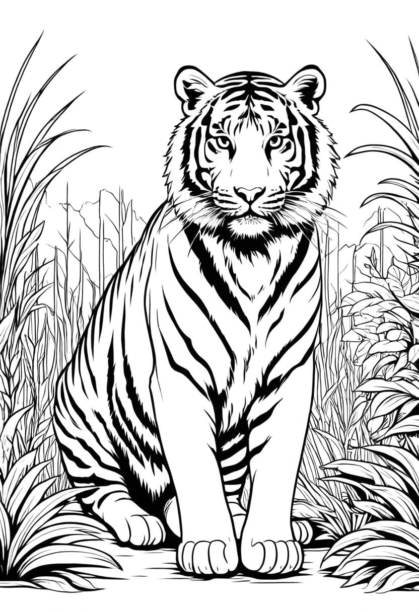Tiger in the Jungle — free printable coloring page to download and print