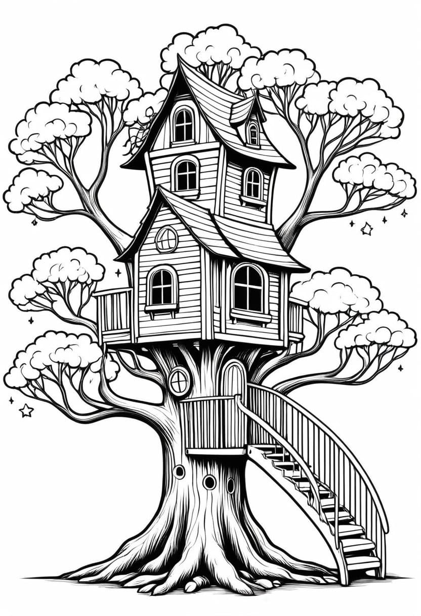 Treehouse Dreams — free printable coloring page to download and print
