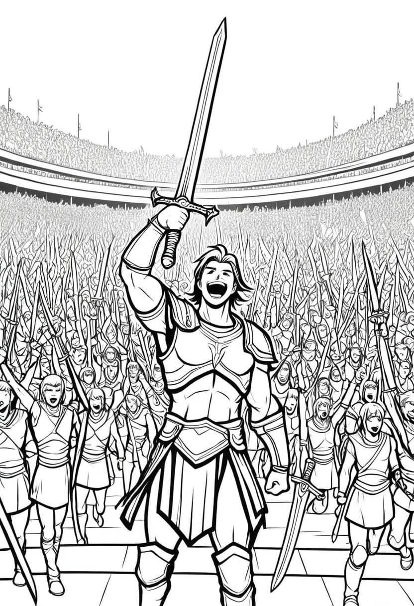 Triumphant Hero Celebration — free printable coloring page to download and print