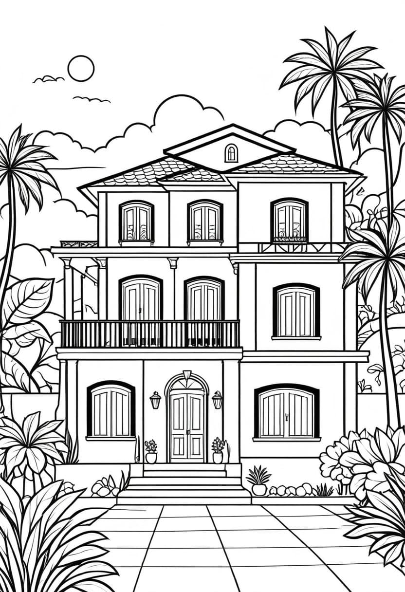 Tropical Mansion — free printable coloring page to download and print