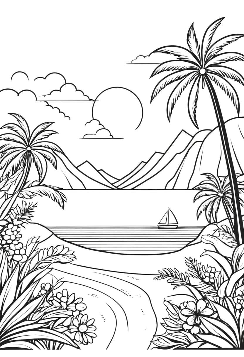 Tropical Paradise Island Escape — free printable coloring page to download and print