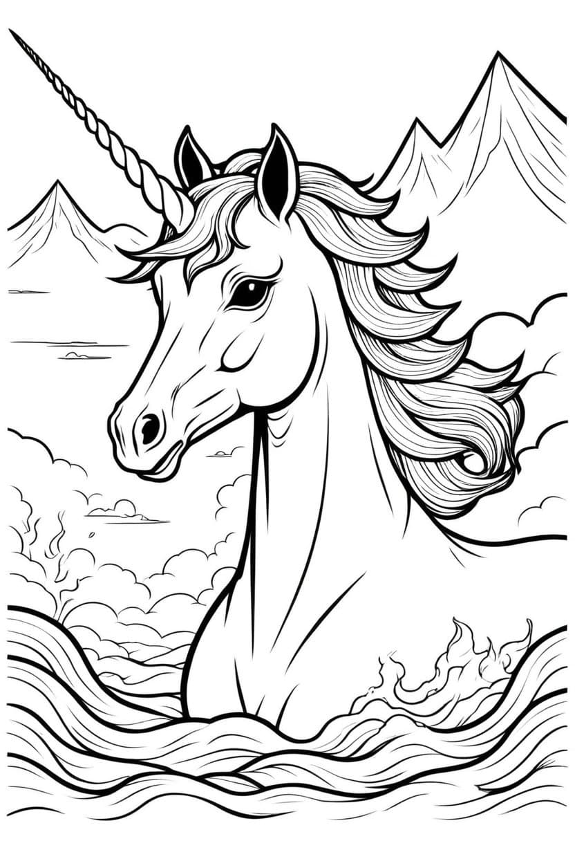 Unicorn in Mountains — free printable coloring page to download and print