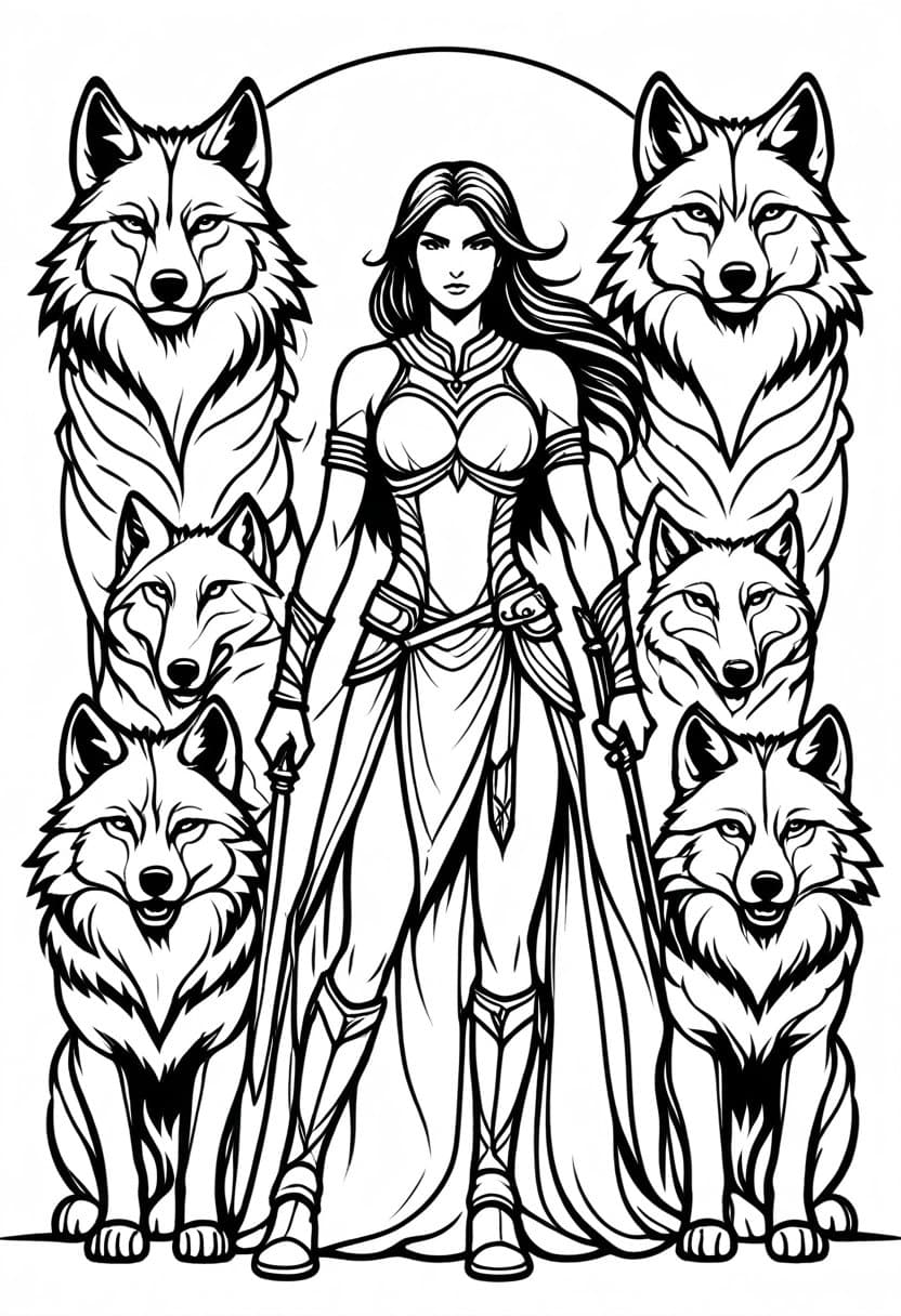 Warrior and Wolves — free printable coloring page to download and print