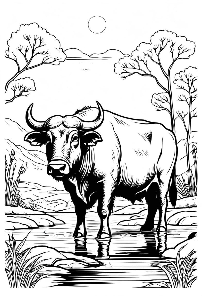 Water Buffalo in Nature — free printable coloring page to download and print