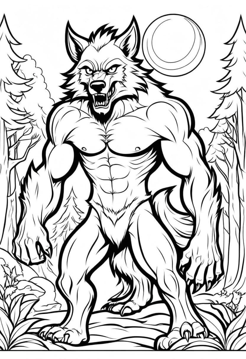 Werewolf Forest Scene — free printable coloring page to download and print