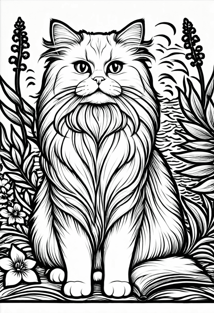 Whimsical Cat in Flora — free printable coloring page to download and print