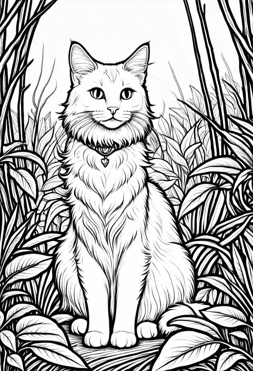 Whimsical Cat in the Woods — free printable coloring page to download and print
