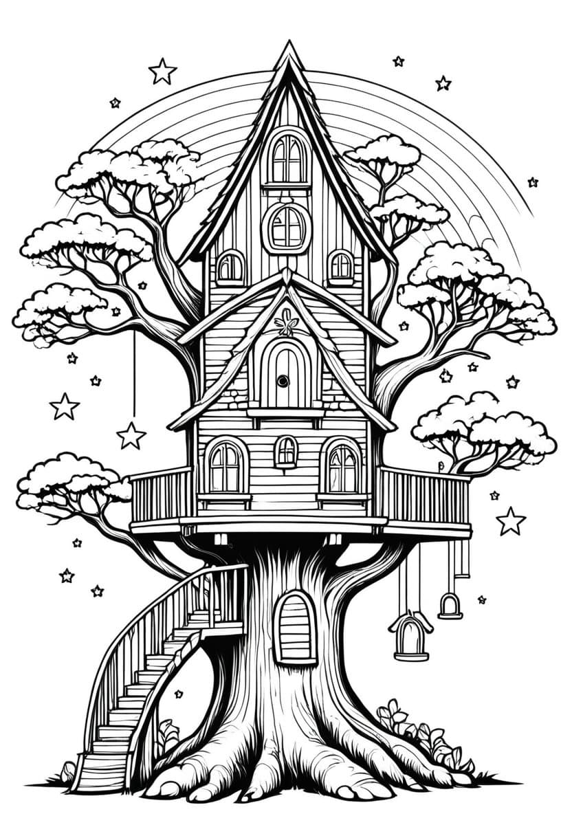 Whimsical Treehouse — free printable coloring page to download and print