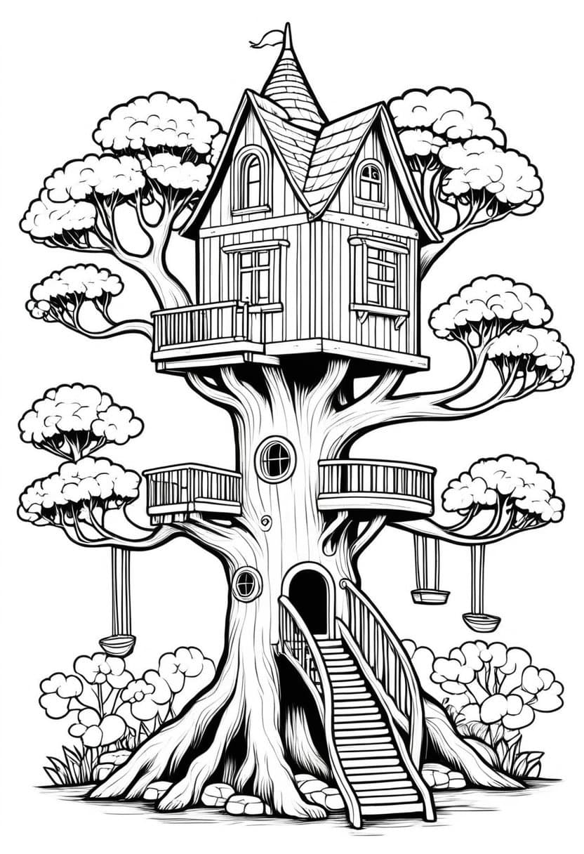 Whimsical Treehouse — free printable coloring page to download and print