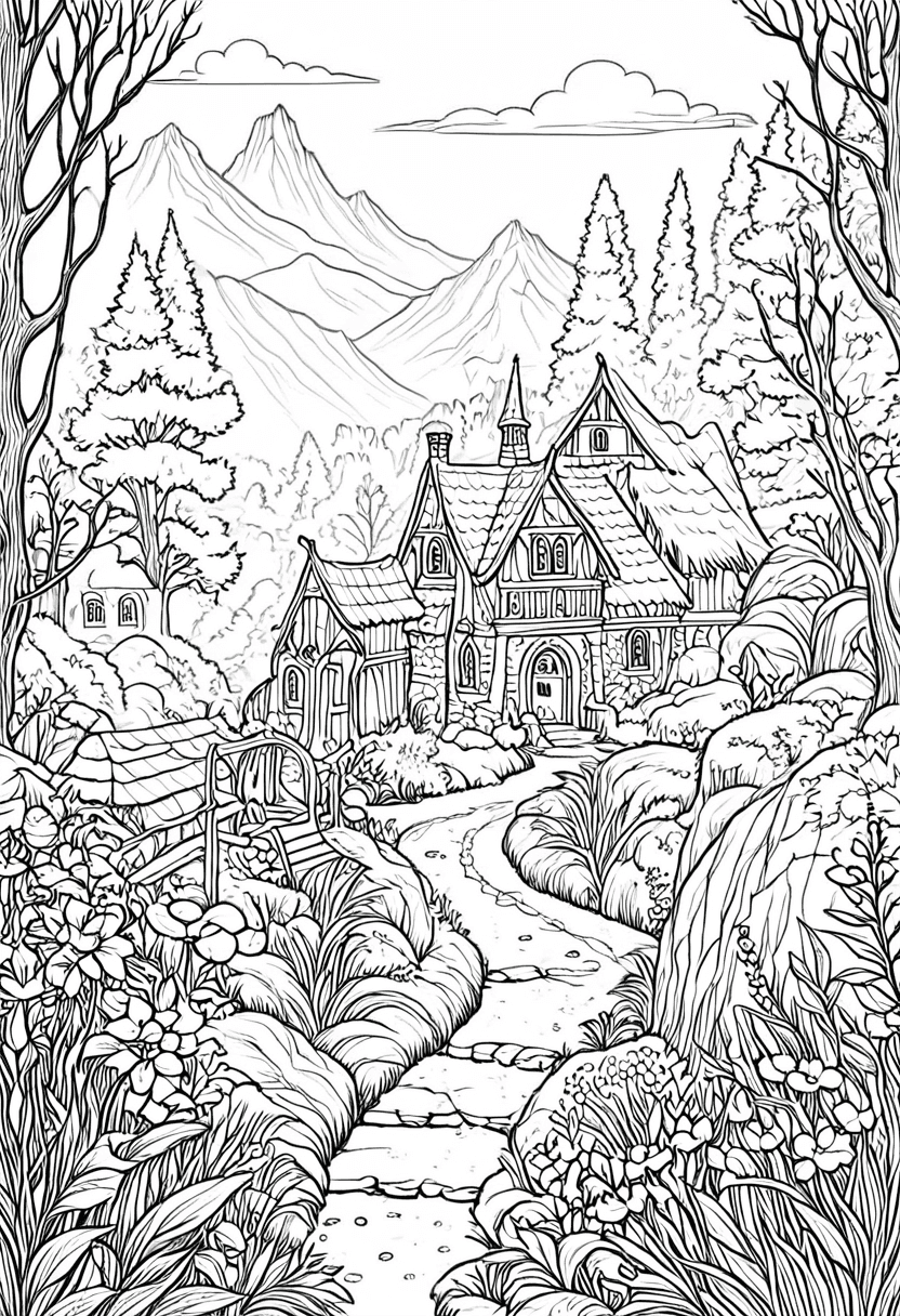 Whimsical Village — free printable coloring page to download and print