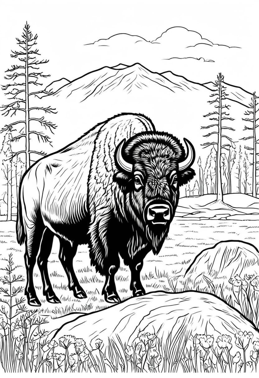 Wild Bison in Nature — free printable coloring page to download and print