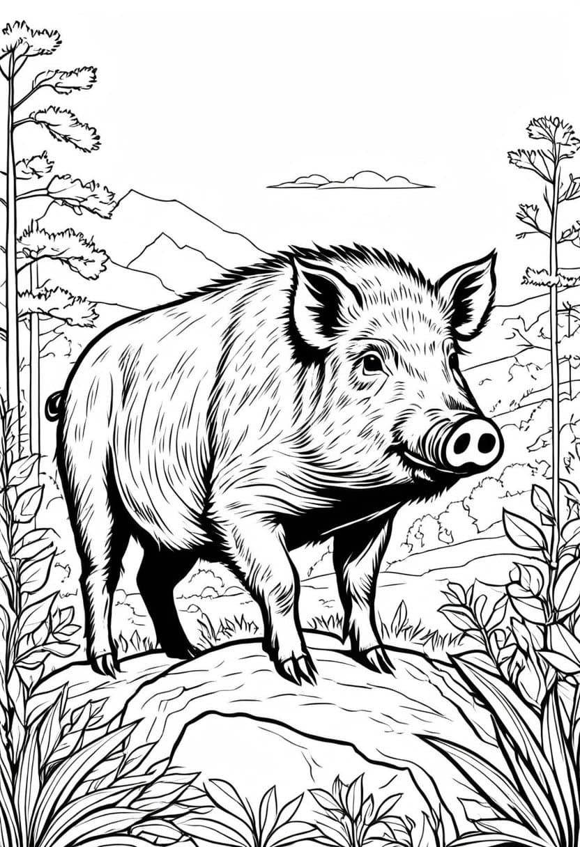 Wild Boar in Nature — free printable coloring page to download and print