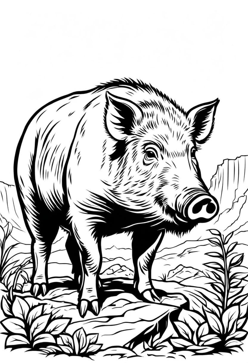 Wild Boar in Nature — free printable coloring page to download and print