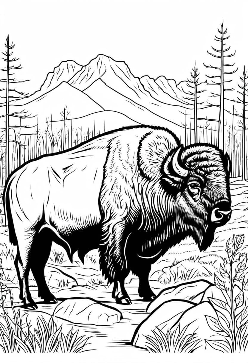 Wild Buffalo in Wilderness — free printable coloring page to download and print