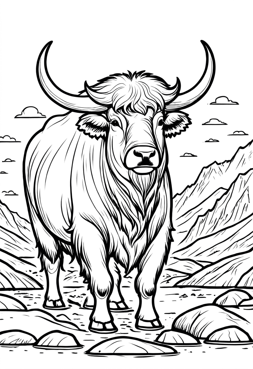 Wild Bull in Mountainous Terrain — free printable coloring page to download and print