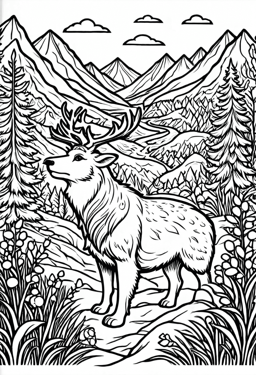 Wild Deer in Wilderness — free printable coloring page to download and print