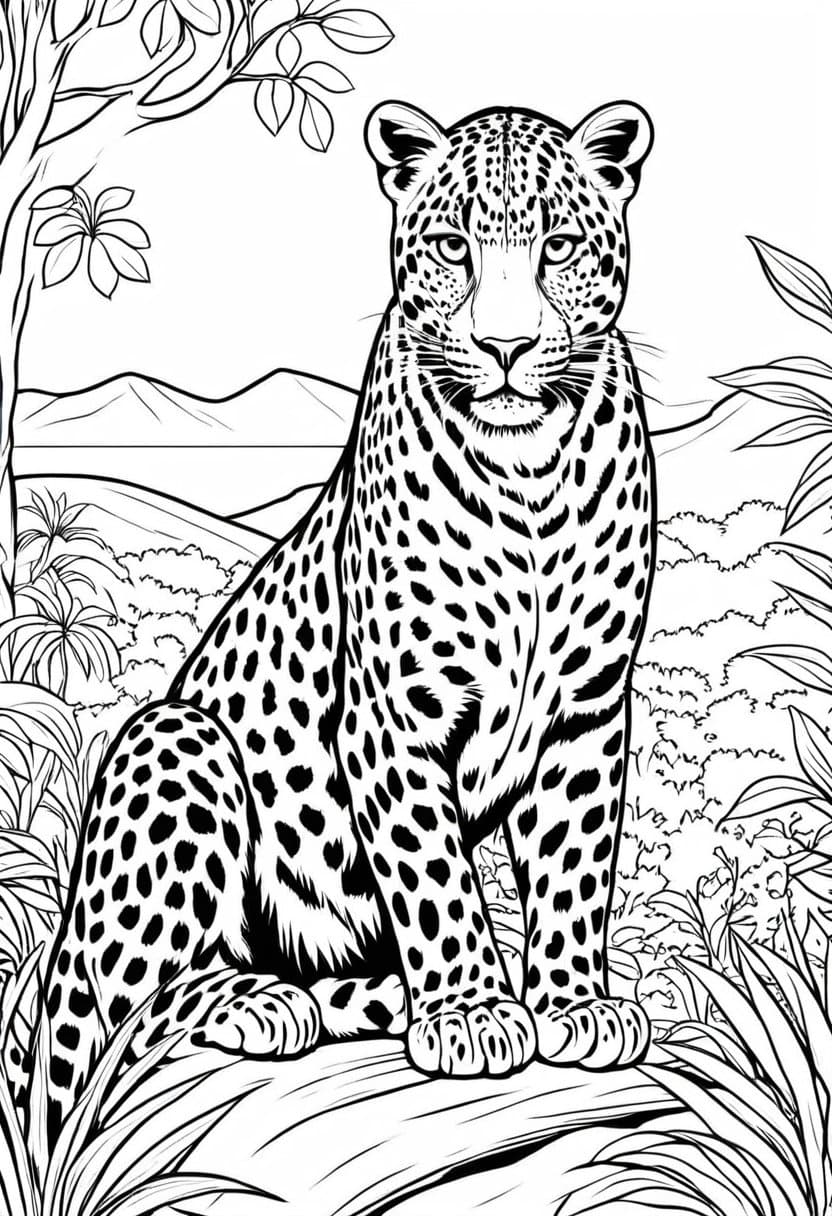 Wild Leopard in Jungle — free printable coloring page to download and print