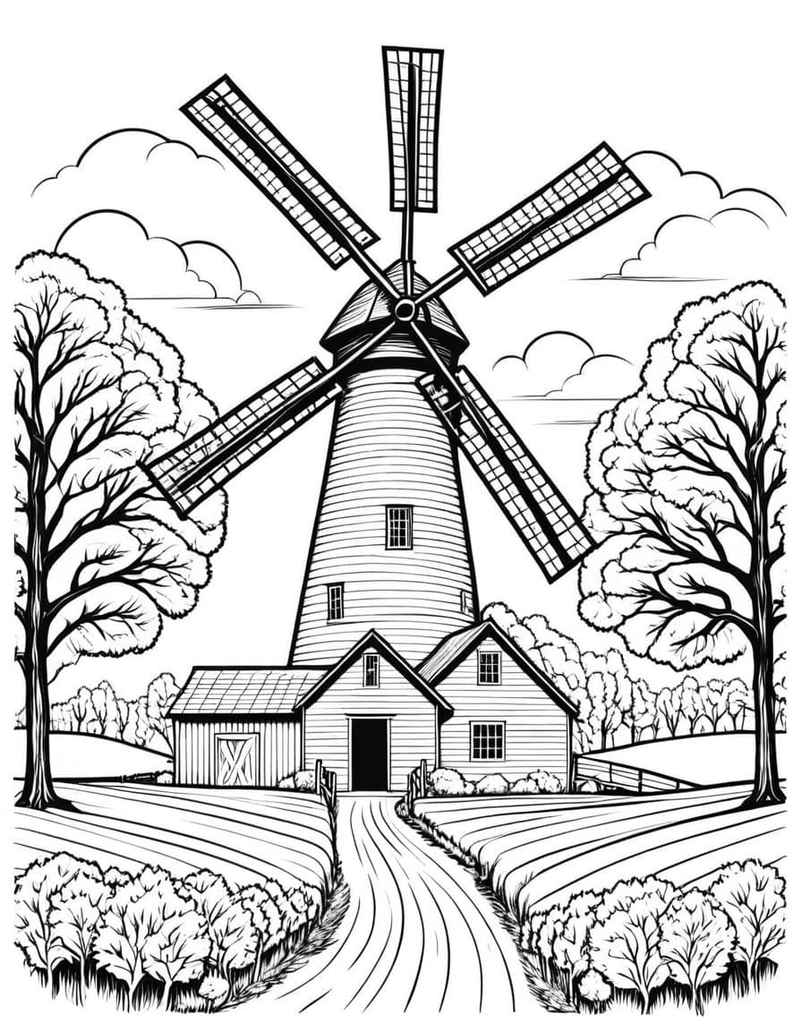 Windmill Autumn Harvest — free printable coloring page to download and print