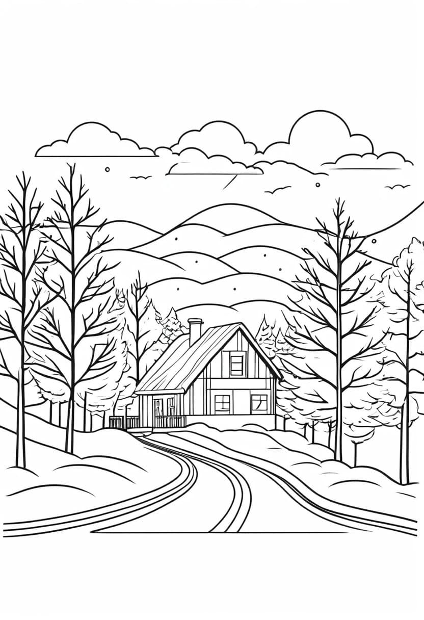 Winter Cottage — free printable coloring page to download and print