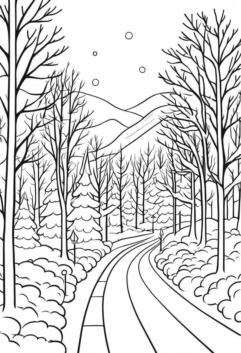 Winter Woodland Path — free printable coloring page to download and print