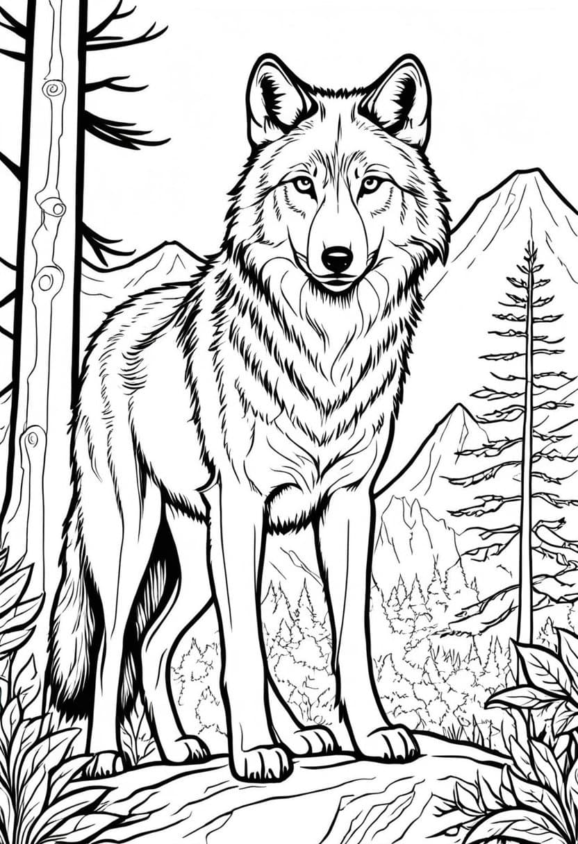 Wolf in Forest — free printable coloring page to download and print